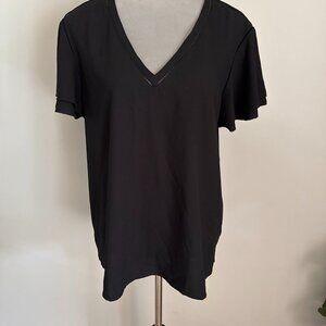 Ann Taylor Womens Black V-Neck Top Blouse Flutter Sleeve Sz XL Business Casual